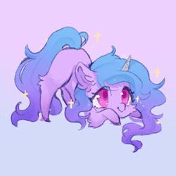 Size: 800x800 | Tagged: safe, artist:qamar, izzy moonbow, pony, unicorn, g5, my little pony: a new generation, cheek fluff, colored pupils, cute, ear fluff, face down ass up, female, gradient background, horn, leg fluff, mare, no nose, smiling, solo, sparkles, unshorn fetlocks