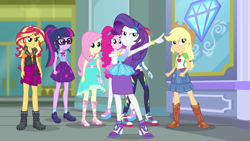 Size: 1920x1081 | Tagged: safe, screencap, applejack, fluttershy, pinkie pie, rainbow dash, rarity, sci-twi, sunset shimmer, twilight sparkle, equestria girls, equestria girls series, g4, super squad goals, armpits, arms in the air, hands in the air, humane five, humane seven, humane six, rarity peplum dress