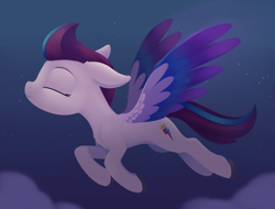 Size: 1414x1073 | Tagged: safe, artist:dusthiel, zipp storm, pegasus, pony, g5, my little pony: a new generation, colored wings, eyes closed, female, floppy ears, flying, mare, ponytober, smiling, solo, spread wings, tail, wings