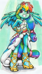 Size: 1217x2163 | Tagged: safe, artist:shadowhawx, rainbow dash, pegasus, anthro, g4, clothes, dress, female, gala dress, grin, human facial structure, looking at you, smiling, solo, spread wings, traditional art, wings