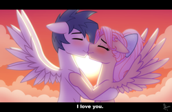 Size: 2500x1620 | Tagged: safe, artist:whitequartztheartist, oc, oc only, pegasus, pony, blushing, duo, eyes closed, female, kissing, male, oc x oc, shipping, straight