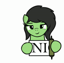 Size: 1384x1369 | Tagged: safe, artist:eels, oc, oc only, oc:filly anon, earth pony, pony, animated, black mane, earth pony oc, eyebrows, female, filly, gif, green eyes, hoof hold, lidded eyes, loop, simple background, smiling, solo, white background