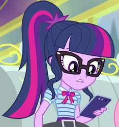 Size: 686x732 | Tagged: safe, screencap, sci-twi, twilight sparkle, equestria girls, g4, my little pony equestria girls: better together, road trippin, lip bite, phone, solo