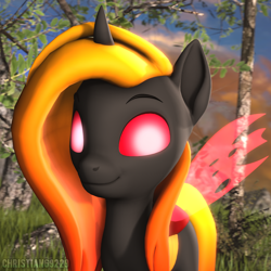 Size: 1080x1080 | Tagged: safe, artist:christian69229, oc, oc only, oc:calitiel, changeling, 3d, bust, changeling oc, double colored changeling, looking at you, portrait, red changeling, smiling, solo, source filmmaker, yellow changeling