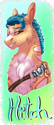 Size: 795x1844 | Tagged: safe, artist:malinraf1615, hitch trailblazer, earth pony, pony, g5, my little pony: a new generation, belt, chest fluff, grin, male, markings, one eye closed, redesign, smiling, solo, stallion, wink