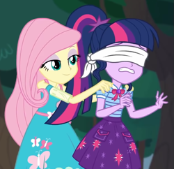 Size: 699x676 | Tagged: safe, screencap, fluttershy, sci-twi, twilight sparkle, equestria girls, g4, my little pony equestria girls: better together, stressed in show, stressed in show: fluttershy, blindfold, cropped, lidded eyes