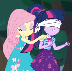 Size: 695x692 | Tagged: safe, screencap, fluttershy, sci-twi, twilight sparkle, equestria girls, g4, my little pony equestria girls: better together, stressed in show, stressed in show: fluttershy, blindfold, cropped