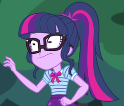 Size: 820x706 | Tagged: safe, screencap, sci-twi, twilight sparkle, equestria girls, g4, my little pony equestria girls: better together, stressed in show, stressed in show: fluttershy, bow, clothes, cropped, cutie mark on clothes, geode of telekinesis, glasses, jewelry, magical geodes, pendant, polo shirt, ponytail, shrunken pupils, skirt, solo, wide eyes