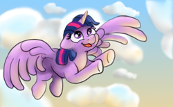 Size: 4000x2458 | Tagged: safe, artist:doodledonutart, twilight sparkle, alicorn, pony, g4, cloud, female, floppy ears, flying, high res, horn, inktober, mare, multicolored mane, open mouth, purple eyes, sky, solo, spread wings, twilight sparkle (alicorn), underhoof, wings