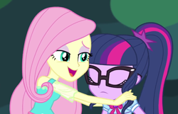 Size: 894x575 | Tagged: safe, screencap, fluttershy, sci-twi, twilight sparkle, equestria girls, g4, my little pony equestria girls: better together, stressed in show, stressed in show: fluttershy, cropped