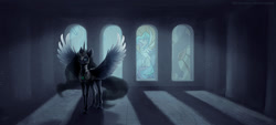 Size: 1600x721 | Tagged: safe, artist:yarugreat, nightmare moon, princess celestia, alicorn, pony, g4, backlighting, female, indoors, looking at you, nightmare moon armor, solo, spread wings, stained glass, wings
