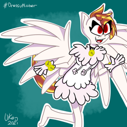 Size: 1280x1280 | Tagged: safe, artist:ukedideka, oc, oc only, oc:lumen afterglow, pegasus, anthro, bell, clothes, dress, eye clipping through hair, gloves, pegasus oc, running, simple background, smiling, solo, spread wings, standing, wings