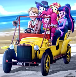 Size: 2000x2034 | Tagged: safe, artist:the-butch-x, doctor whooves, pinkie pie, rarity, sci-twi, sunset shimmer, time turner, twilight sparkle, equestria girls, g4, bare shoulders, beach, bessie (doctor who), car, clothes, coat, commission, cricket attire, crossover, doctor who, driving, equestria girls-ified, fifth doctor, frock coat, high res, jumper, peter davison, roadster, sleeveless, sweater, swimsuit