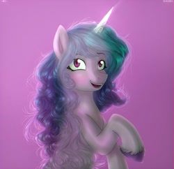 Size: 1113x1076 | Tagged: safe, artist:moonsun, izzy moonbow, pony, unicorn, g5, my little pony: a new generation, bust, digital art, female, horn, looking at you, mare, open mouth, open smile, pink background, raised hoof, simple background, smiling, smiling at you, solo