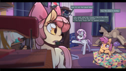 Size: 1600x901 | Tagged: safe, artist:icychamber, apple bloom, scootaloo, sweetie belle, earth pony, pegasus, pony, unicorn, g4, cutie mark crusaders, dialogue, female, filly, hat, mannequin, raised hoof, raspberry, sewing machine, tongue out