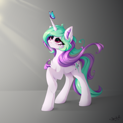 Size: 2632x2632 | Tagged: safe, artist:stahlkat, oc, oc only, oc:borealis, butterfly, pony, unicorn, female, high res, mare, raised hoof, solo