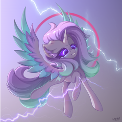 Size: 1994x2000 | Tagged: safe, artist:stahlkat, oc, oc only, oc:overcharge, alicorn, pony, alicorn oc, electricity, female, flying, horn, lightning, mare, solo, wings