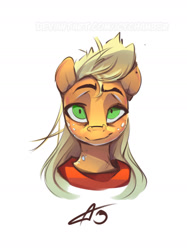 Size: 1280x1714 | Tagged: safe, artist:icychamber, applejack, earth pony, pony, g4, bust, female, looking at you, mare, messy mane, portrait, simple background, solo, white background