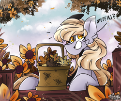 Size: 3000x2500 | Tagged: safe, artist:its_sunsetdraws, derpy hooves, pegasus, pony, g4, basket, female, flower, high res, solo, sunflower