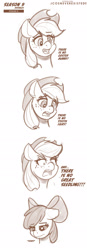 Size: 960x2743 | Tagged: safe, artist:jcosneverexisted, apple bloom, applejack, earth pony, pony, g4, going to seed, abuse, angry, applebuse, applejerk, crying, dialogue, dreamworks, female, filly, hal stewart, implied great seedling, mare, megamind, parody, sad, season 9 doodles, verbal abuse