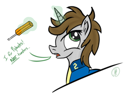 Size: 1380x1036 | Tagged: safe, artist:whirlwindflux, oc, oc only, oc:littlepip, pony, unicorn, fallout equestria, female, glowing, glowing horn, horn, magic, mare, screwdriver, simple background, solo, telekinesis, white background