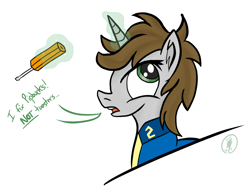 Size: 1380x1036 | Tagged: safe, artist:whirlwindflux, oc, oc only, oc:littlepip, pony, unicorn, fallout equestria, female, glowing, glowing horn, horn, magic, mare, screwdriver, simple background, solo, telekinesis, white background, x0000 milestone