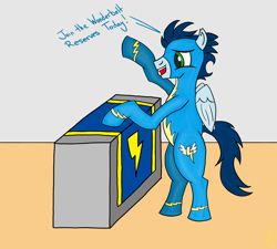 Size: 2362x2126 | Tagged: safe, artist:whirlwindflux, soarin', pegasus, pony, g4, bipedal, high res, male, podium, recruitment, solo, stallion
