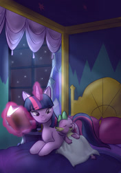 Size: 1024x1456 | Tagged: safe, artist:foxhatart, spike, twilight sparkle, alicorn, dragon, pony, g4, bed, book, cute, eyes closed, female, glowing, glowing horn, horn, magic, male, mama twilight, mare, night, sleeping, snuggling, spikabetes, spikelove, telekinesis, twiabetes, twilight sparkle (alicorn), window