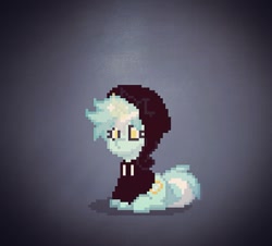 Size: 941x851 | Tagged: safe, lyra heartstrings, pony, unicorn, fanfic:background pony, pony town, g4, background pony, clothes, depressed, dig the swell hoodie, female, hoodie, lonely, pixel art, sad, simple background, sitting, solo