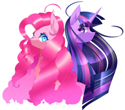 Size: 1367x1200 | Tagged: safe, artist:clefficia, pinkie pie, twilight sparkle, alicorn, earth pony, pony, g4, bust, duo, female, lesbian, ship:twinkie, shipping, simple background, twilight sparkle (alicorn), white background