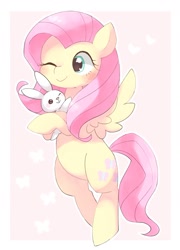 Size: 1430x1983 | Tagged: safe, artist:ginmaruxx, angel bunny, fluttershy, pegasus, pony, rabbit, g4, animal, belly, blushing, cute, cutie mark, duo, female, flying, heart, hug, mare, one eye closed, shyabetes, spread wings, wings