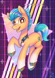 Size: 2480x3508 | Tagged: safe, artist:wavecipher, hitch trailblazer, earth pony, pony, g5, my little pony: a new generation, badge, blaze (coat marking), coat markings, colored eyebrows, colored pupils, facial markings, glitch art, high res, male, no catchlights, open mouth, open smile, raised hoof, sheriff's badge, signature, smiling, socks (coat markings), solo, stallion, triangle, unshorn fetlocks, white pupils