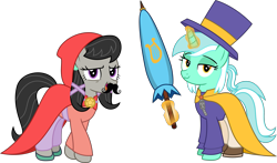 Size: 3103x1826 | Tagged: safe, artist:sketchmcreations, lyra heartstrings, octavia melody, earth pony, pony, unicorn, g4, :3, a hat in time, alternate hairstyle, cape, cloak, clothes, cosplay, costume, crossover, duo, fake moustache, female, hat, hat kid, looking at you, magic, mare, mustache girl, open mouth, simple background, smiling, smug, telekinesis, top hat, transparent background, umbrella, vector, voice actor joke