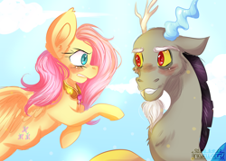 Size: 5600x4000 | Tagged: safe, artist:inkwellartz, discord, fluttershy, draconequus, pegasus, pony, g4, keep calm and flutter on, 2020, absurd resolution, blushing, cloud, duo, element of kindness, female, male, mare, scene interpretation, signature, sky