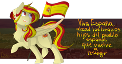 Size: 1500x800 | Tagged: safe, artist:mrgdog, oc, oc only, pegasus, pony, chest fluff, female, flag, flower, flower in hair, folded wings, mare, nation ponies, ponified, raised hoof, simple background, solo, spain, spanish, spanish flag, translated in the comments, transparent background, wings