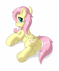 Size: 2840x3380 | Tagged: safe, artist:mercurysparkle, fluttershy, pegasus, pony, g4, butt, chest fluff, cute, ear fluff, female, flutterbutt, folded wings, high res, hoof fluff, leg fluff, looking at you, looking back, looking back at you, lying down, mare, plot, prone, shyabetes, simple background, smiling, solo, white background, wings