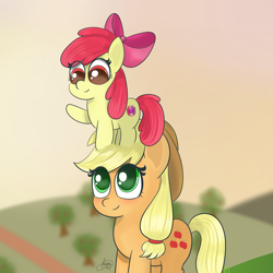 Size: 2160x2160 | Tagged: safe, artist:limitmj, apple bloom, applejack, earth pony, pony, g4, adorabloom, apple sisters, cute, duo, freckles, high res, jackabetes, looking up, siblings, sisters, stacking, standing on head