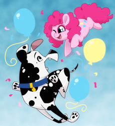 Size: 700x765 | Tagged: safe, artist:themiles, pinkie pie, dalmatian, dog, earth pony, pony, g4, 101 dalmatian street, 101 dalmatians, balloon, crossover, doug (101 dalmatian street), duo, female, mare, one eye closed, open mouth, open smile, smiling, solo