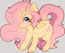 Size: 1036x835 | Tagged: safe, artist:mochateeny, fluttershy, pegasus, pony, blushing, chibi, colored hooves, cute, daaaaaaaaaaaw, female, gray background, hair over one eye, looking at you, mare, shorn fetlocks, shyabetes, simple background, solo, standing, three quarter view, wings