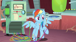 Size: 853x478 | Tagged: safe, screencap, rainbow dash, pegasus, pony, double rainboom, g4, female, golden oaks library, library, machine, rainbow dash is not amused, solo, twilight's lab, unamused, youtube link