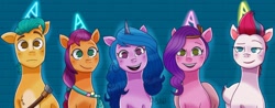 Size: 1280x500 | Tagged: safe, artist:danielacartoons, hitch trailblazer, izzy moonbow, pipp petals, sunny starscout, zipp storm, g5, my little pony: a new generation, mane five, scene interpretation