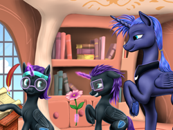Size: 4000x3000 | Tagged: safe, artist:vasillium, princess luna, oc, oc:nox (rule 63), oc:nyx, alicorn, pony, alicorn oc, apology, aura, blushing, book, bookshelf, box, brother, brother and sister, cloud, colt, cutie mark, desk, family, feather, female, filly, flower, glasses, golden oaks library, headband, horn, indoors, jewelry, levitation, library, magic, magic aura, male, mare, moon, pencil, ponytail, prince, prince artemis, princess, quill, quill pen, r63 paradox, regalia, royalty, rule 63, school desk, scroll, self paradox, self ponidox, shield, shipping, siblings, sisters, sky, stairs, stallion, straight, telekinesis, trio, wall of tags, window, wings, writing