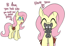 Size: 1414x1000 | Tagged: safe, artist:happy harvey, fluttershy, cat, pegasus, pony, g4, bag, bait and switch, colored pupils, cute, female, holding, implied anon, innocent innuendo, innuendo, kitten, looking up, mare, offscreen character, painfully innocent fluttershy, paw pads, phone drawing, phrasing, saddle bag, shyabetes, simple background, transparent background