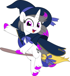 Size: 4585x5000 | Tagged: safe, artist:jhayarr23, oc, oc only, oc:hazel radiate, pony, unicorn, absurd resolution, bow, broom, cape, clothes, colored hooves, commission, commissioner:biohazard, cute, eyelashes, female, flying, flying broomstick, hat, highlights, horn, looking at you, mare, ocbetes, open mouth, open smile, purple eyes, ribbon, simple background, smiling, smiling at you, solo, tail, tail bow, transparent background, unicorn oc, unshorn fetlocks, witch costume, witch hat, ych result