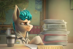 Size: 1920x1300 | Tagged: safe, artist:richmay, hitch trailblazer, earth pony, pony, g5, my little pony: a new generation, spoiler:my little pony: a new generation, annoyed, clothes, coffee cup, cup, hitch trailblazer is not amused, male, paper, police, police officer, police uniform, sheriff, stallion, uniform