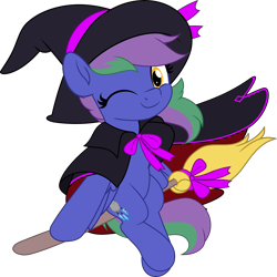 Size: 5005x5000 | Tagged: safe, artist:jhayarr23, oc, oc only, oc:lishka, pegasus, pony, absurd resolution, broom, cape, clothes, commission, commissioner:biohazard, cute, eyelashes, female, flying, flying broomstick, hat, looking at you, one eye closed, pegasus oc, ribbon, simple background, smiling, smiling at you, solo, tail, transparent background, two toned mane, two toned tail, wink, winking at you, witch costume, witch hat, ych result