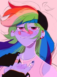 Size: 1536x2048 | Tagged: safe, artist:dreamz, rainbow dash, equestria girls, g4, backwards ballcap, bandaid, bandaid on nose, baseball cap, bust, cap, clothes, devil horn (gesture), ear piercing, earring, female, grin, hat, icon, jewelry, lidded eyes, nail polish, necklace, piercing, portrait, ring, simple background, smiling, solo, tank top
