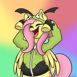 Size: 1834x1848 | Tagged: safe, artist:bella-pink-savage, fluttershy, pegasus, pony, antonymph, cutiemarks (and the things that bind us), vylet pony, g4, bipedal, clothes, costume, eyes closed, female, fluttgirshy, gir, hoodie, invader zim, majestic as fuck, open mouth