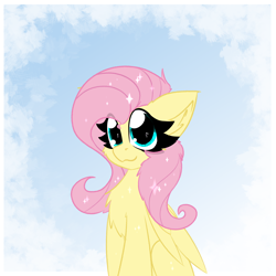 Size: 2362x2362 | Tagged: safe, artist:jubyskylines, fluttershy, pegasus, pony, g4, abstract background, cheek fluff, chest fluff, cute, ear fluff, eyelashes, female, folded wings, high res, looking at you, mare, missing cutie mark, shyabetes, sitting, smiling, smiling at you, solo, sparkles, three quarter view, wings
