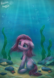 Size: 1504x2144 | Tagged: safe, artist:mondensor day, artist:noasha, artist:randomteehee, pinkie pie, earth pony, pony, g4, collaboration, female, jewelry, necklace, pinkamena diane pie, seashell, solo, underwater